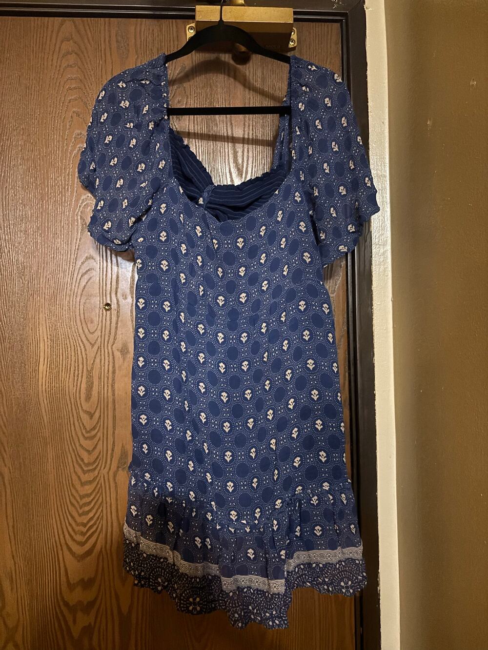 Maeve Anthropologie Blue Floral boho Tribal Indie Fall Smocked Mini Dress